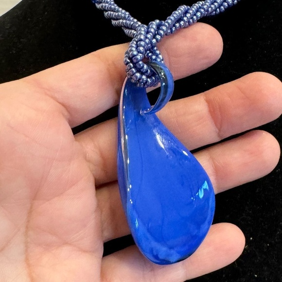 Art Glass Blue Hand Blown Glass Pendant With Seed Bead Multi-Strand Necklace - Picture 4 of 16